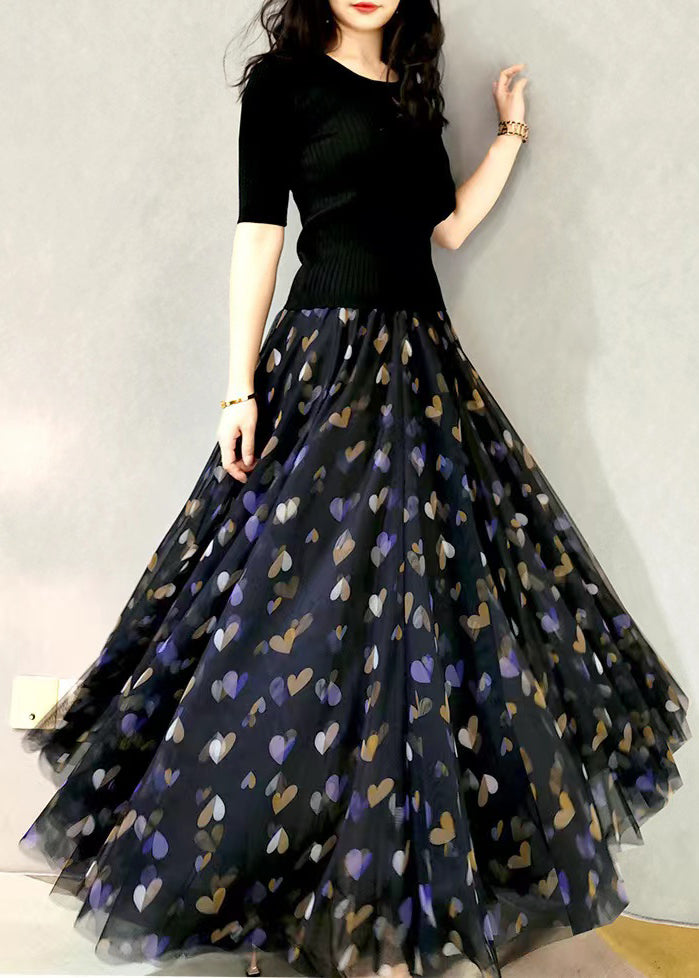 French Black Print Elastic Waist Exra Large Hem Tulle Skirt Spring