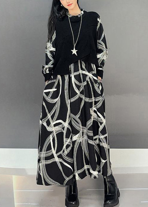 French Black Print Patchwork Cotton Maxi Dress Fall