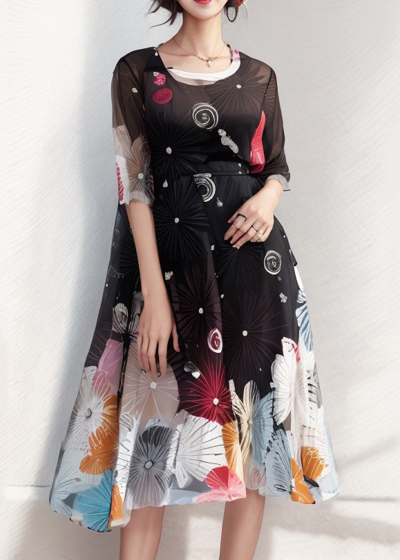 French Black Print Patchwork Silk Long Dresses Summer