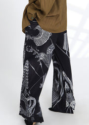 French Black Print Pockets Elastic Waist Silk Pants Spring