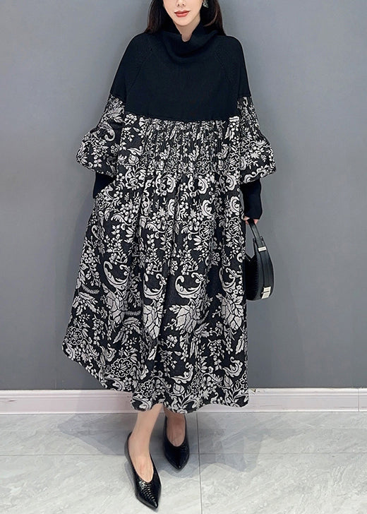 French Black Print Pockets Knit Patchwork Dress Long Sleeve