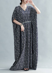 French Black Print Tie Waist CottonLong Dress Batwing Sleeve