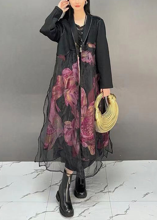 French Black Print Tulle Patchwork Long Coats Spring