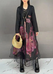 French Black Print Tulle Patchwork Long Coats Spring