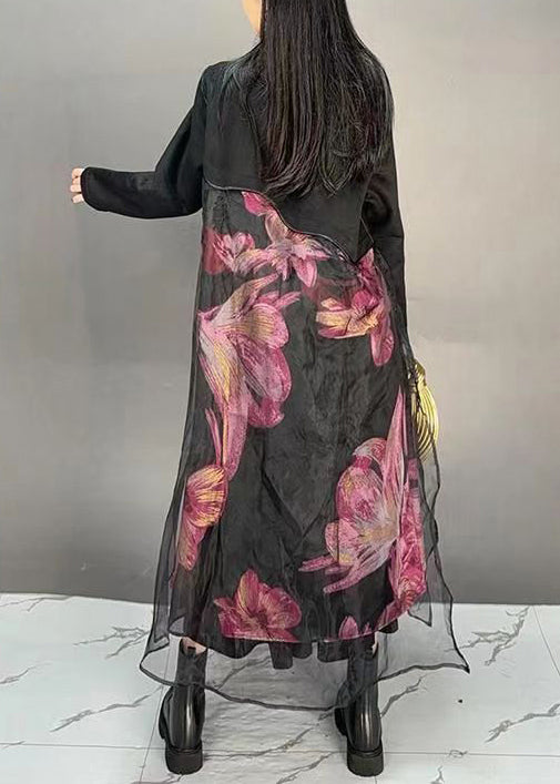 French Black Print Tulle Patchwork Long Coats Spring