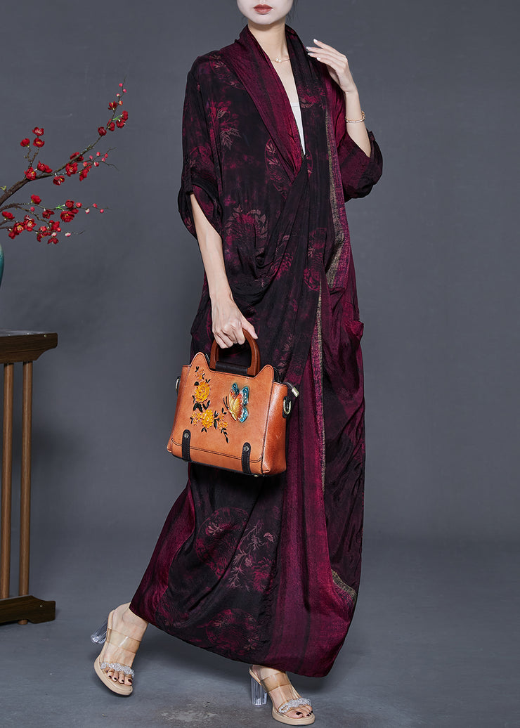 French Black Red Asymmetrical Print Silk Long Dresses Spring