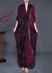 French Black Red Asymmetrical Print Silk Long Dresses Spring