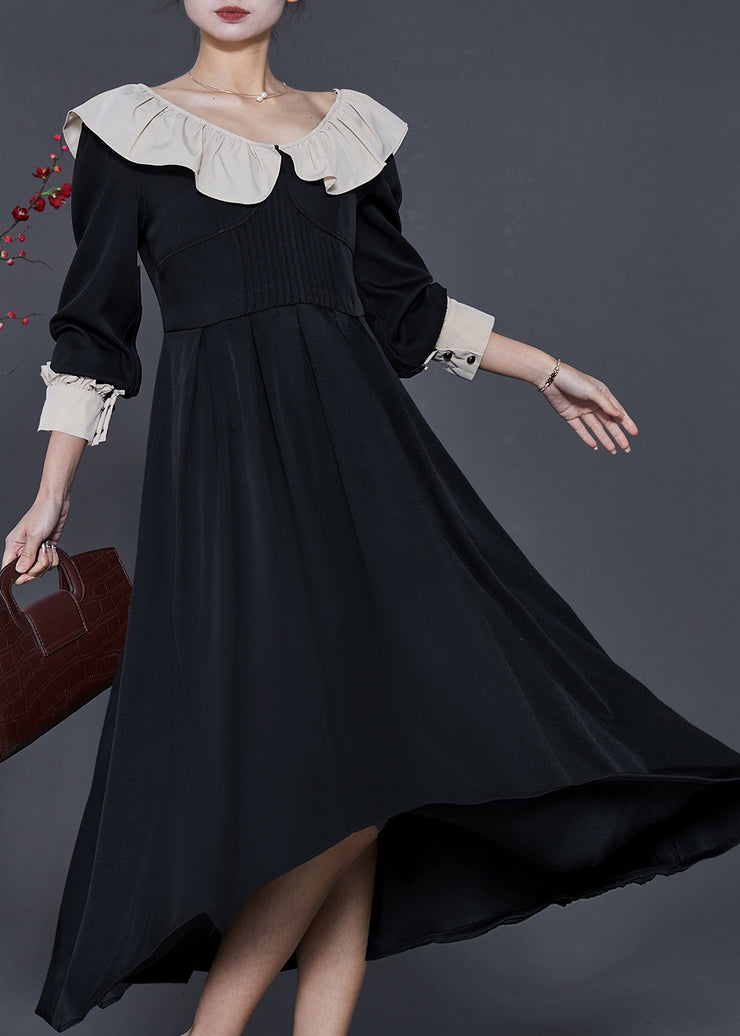 French Black Ruffled Exra Large Hem Cotton Long Dresses Spring