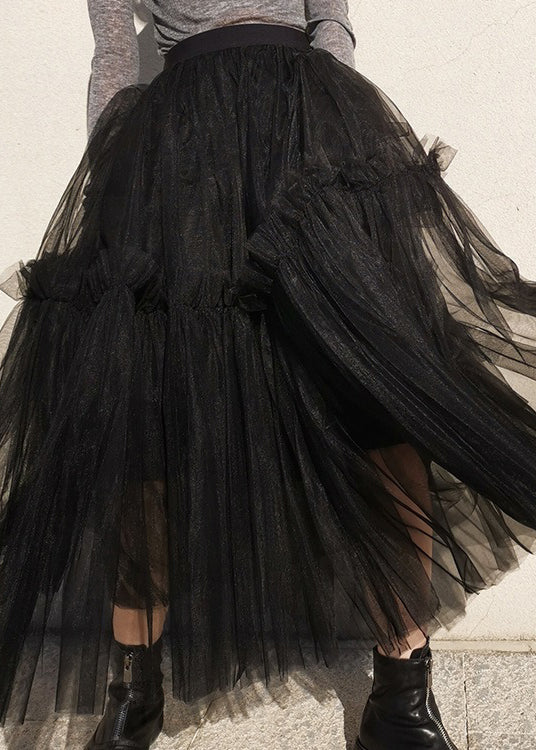 French Black Ruffled High Waist Tulle Skirts Summer