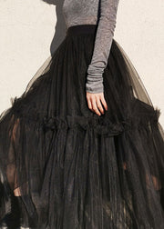 French Black Ruffled High Waist Tulle Skirts Summer