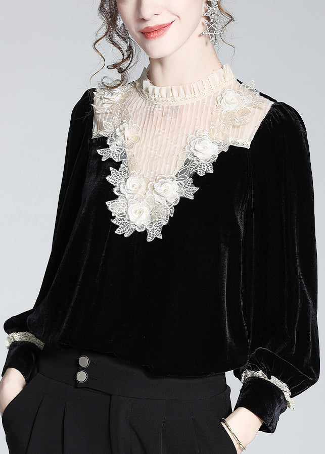 French Black Ruffled Lace Patchwork Silk Velour Top Winter