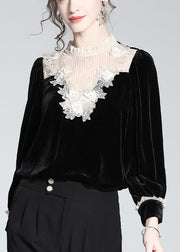 French Black Ruffled Lace Patchwork Silk Velour Top Winter