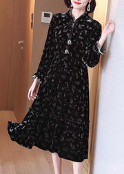 French Black Ruffled Lace Up Print Silk Velour Long Dress Spring