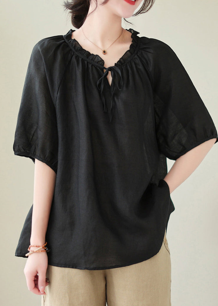 French Black Ruffled Oversized Linen Blouse Tops Summer