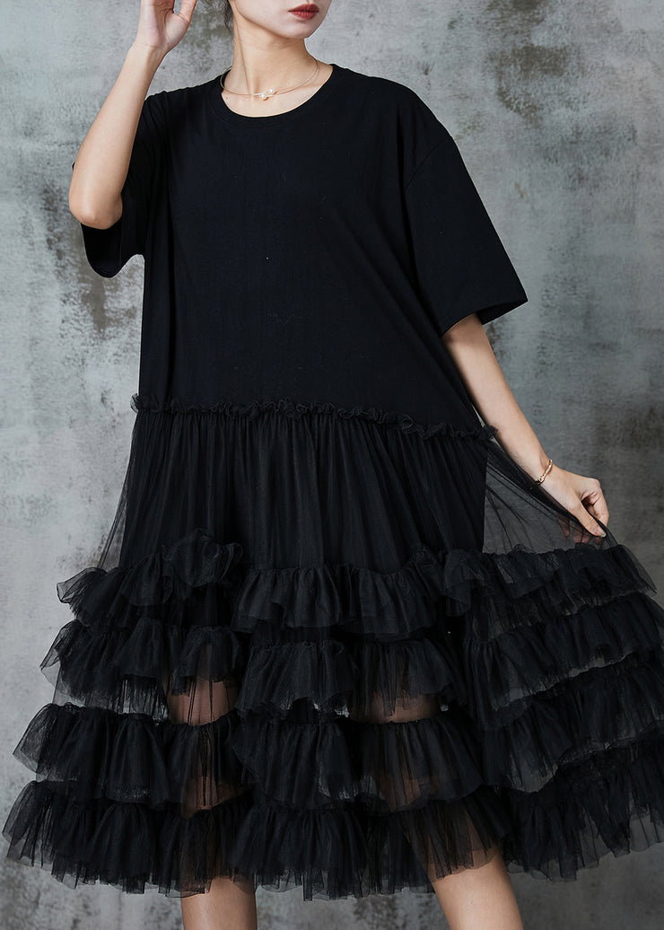 French Black Ruffled Patchwork Cotton Maxi Dress Summer