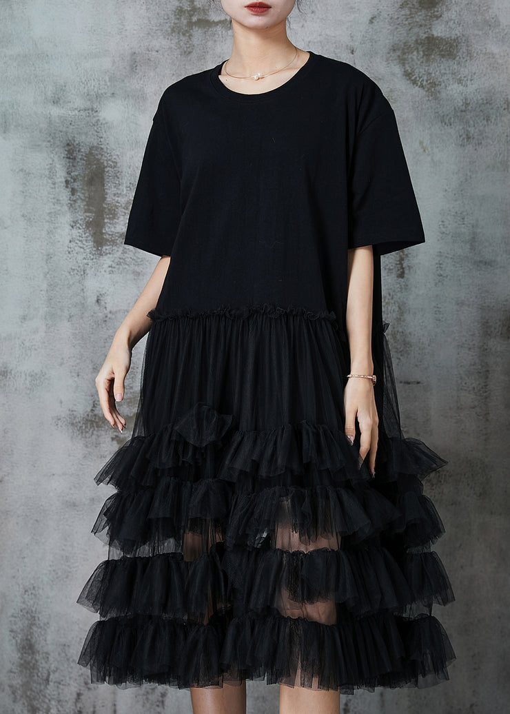 French Black Ruffled Patchwork Cotton Maxi Dress Summer