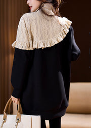 French Black Ruffled Patchwork Cotton Sweatshirts Spring