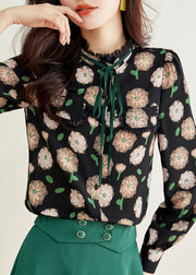 French Black Ruffled Patchwork Print Chiffon Shirts Tops Spring