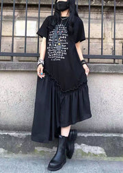 French Black Ruffled Print Patchwork Cotton Long Dresses Summer