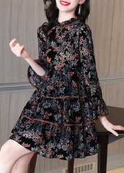 French Black Ruffled Print Silk Velour Mid Dress Spring