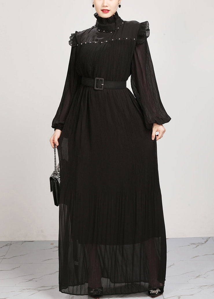 French Black Ruffled Solid Chiffon Maxi Dresses Fall