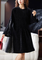 French Black Ruffled Tulle Patchwork Mid Dress Flare Sleeve