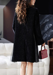 French Black Ruffled Tulle Patchwork Mid Dress Flare Sleeve