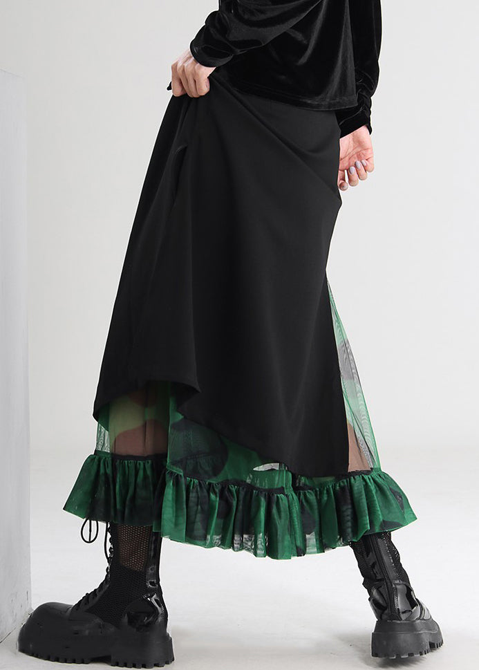 French Black Side Open Tulle Patchwork Skirts Spring