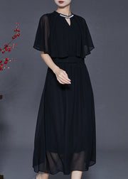 French Black Silm Fit Draping Chiffon Dresses Batwing Sleeve