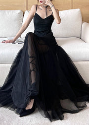 French Black Slash Neck Tulle Holiday Long Slip Dress Sleeveless