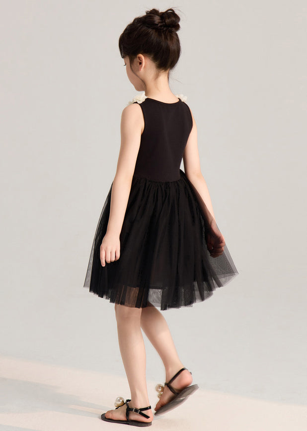 French Black Solid Tulle Patchwork Girls Mid Dress Sleeveless