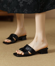 French Black Splicing Chunky Slide Sandals Peep Toe