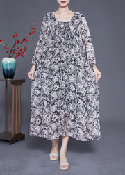 French Black Square Collar Oversized Print Chiffon Long Dress Lantern Sleeve