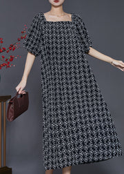 French Black Square Collar Print Cotton Dress Summer