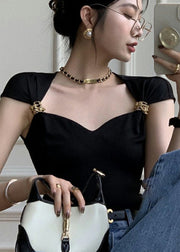 French Black Square Collar Short Top For Summer