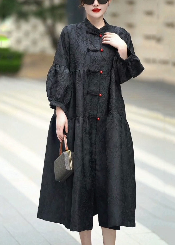 French Black Stand Collar Button Silk Shirts Dresses Spring