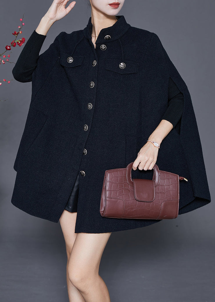 French Black Stand Collar Button Woolen Coats Cloak Sleeves