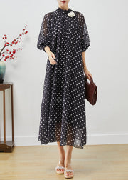 French Black Stand Collar Dot Print Chiffon Long Dress Vestidos Lantern Sleeve