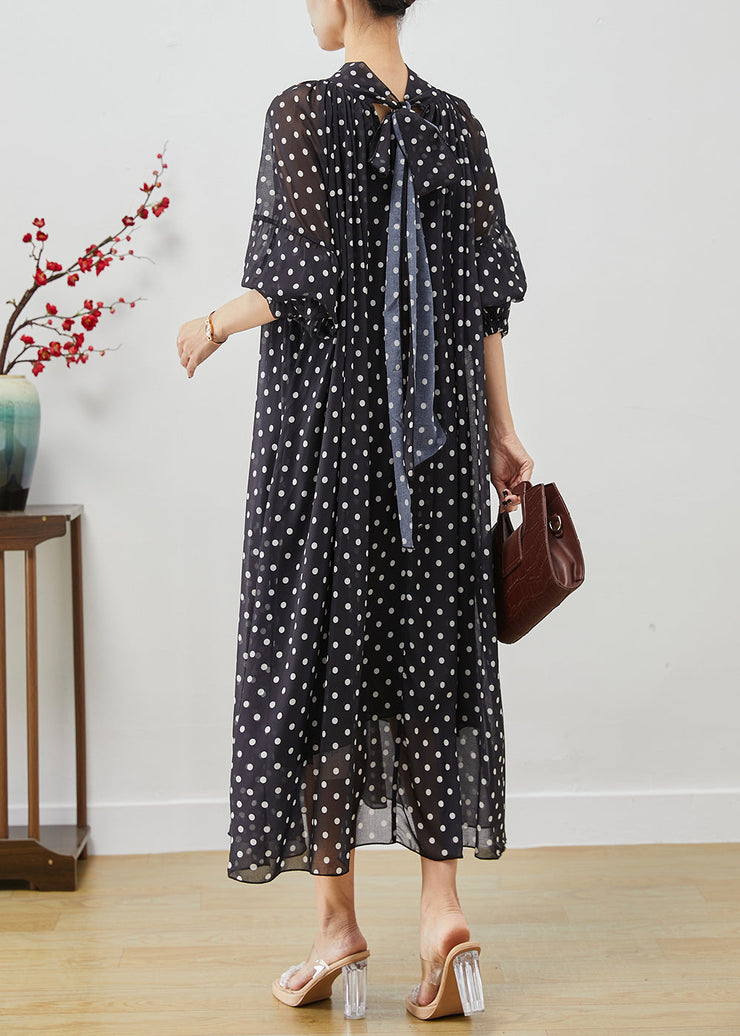 French Black Stand Collar Dot Print Chiffon Long Dress Vestidos Lantern Sleeve