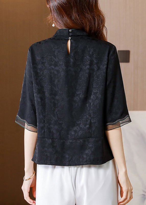 French Black Stand Collar Embroideried Patchwork Silk Shirt Tops Half Sleeve