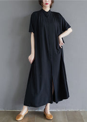 French Black Stand Collar Oversized Cotton Long Dress Summer