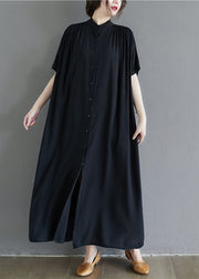 French Black Stand Collar Oversized Cotton Long Dress Summer