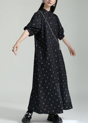 French Black Stand Collar Print Chiffon Shirts Long Dress Summer