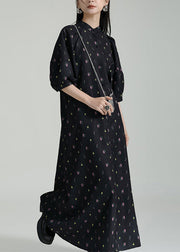 French Black Stand Collar Print Chiffon Shirts Long Dress Summer