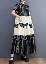 French Black Stand Collar Print Patchwork Long Dress Short Sleeve