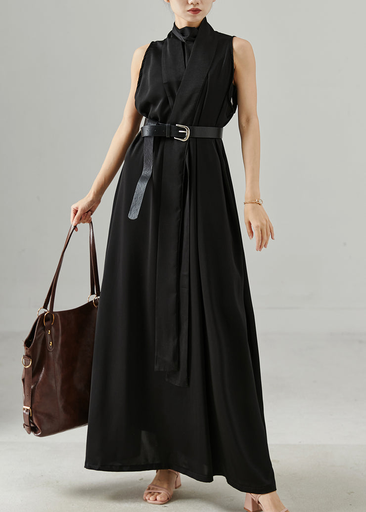 French Black Stand Collar Tie Waist Robe Dresses Sleeveless