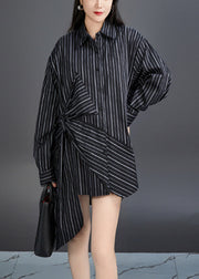 French Black Striped Button Bow Cotton Shirts Fall