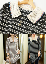 French Black Striped Button Hollow Out Cotton T Shirt Spring