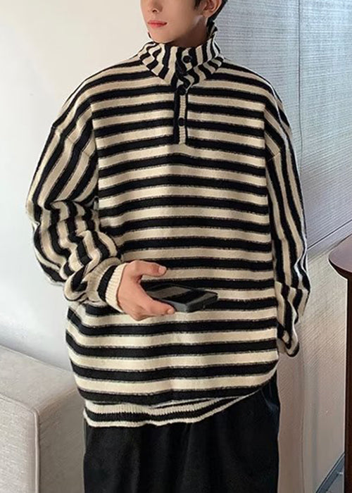 French Black Striped Button Knit Men Sweaters Winter