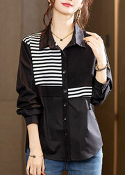 French Black Striped Button Patchwork Cotton Shirts Fall